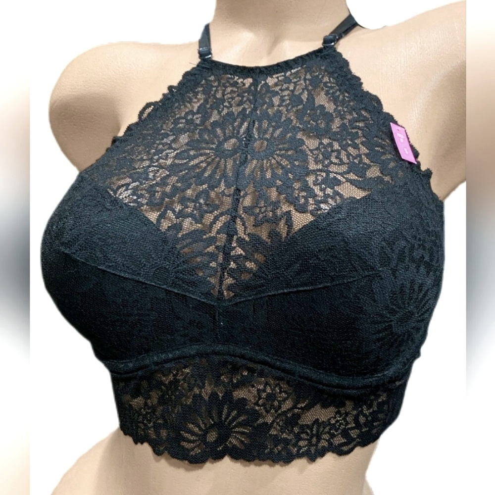 PINK Victoria Secret Black Lace Bralette Halter Underwire Pushup Bra M